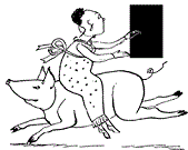 A woman is riding a pig side-saddle.  She has a solar panel in her hand.